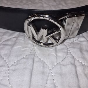Michael Kors Black Leather Belt with Silver MK Circle Buckle